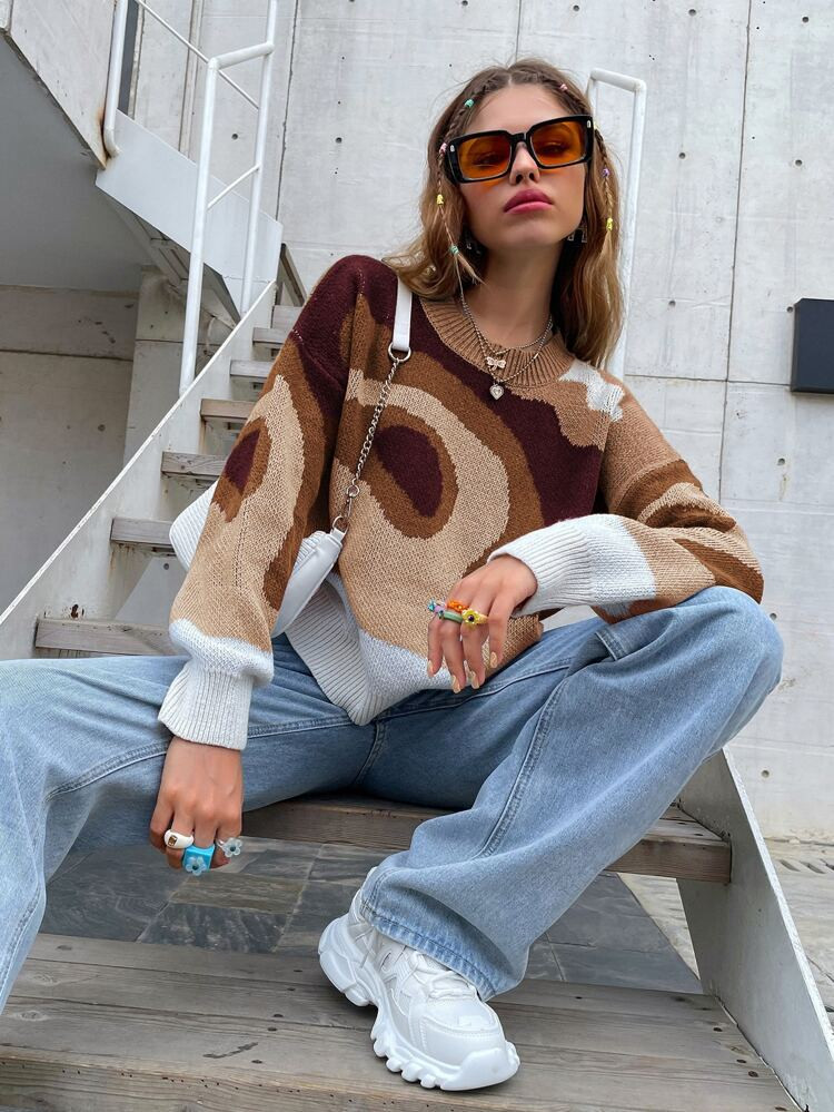 Color Block Drop Shoulder Sweater | SHEIN
