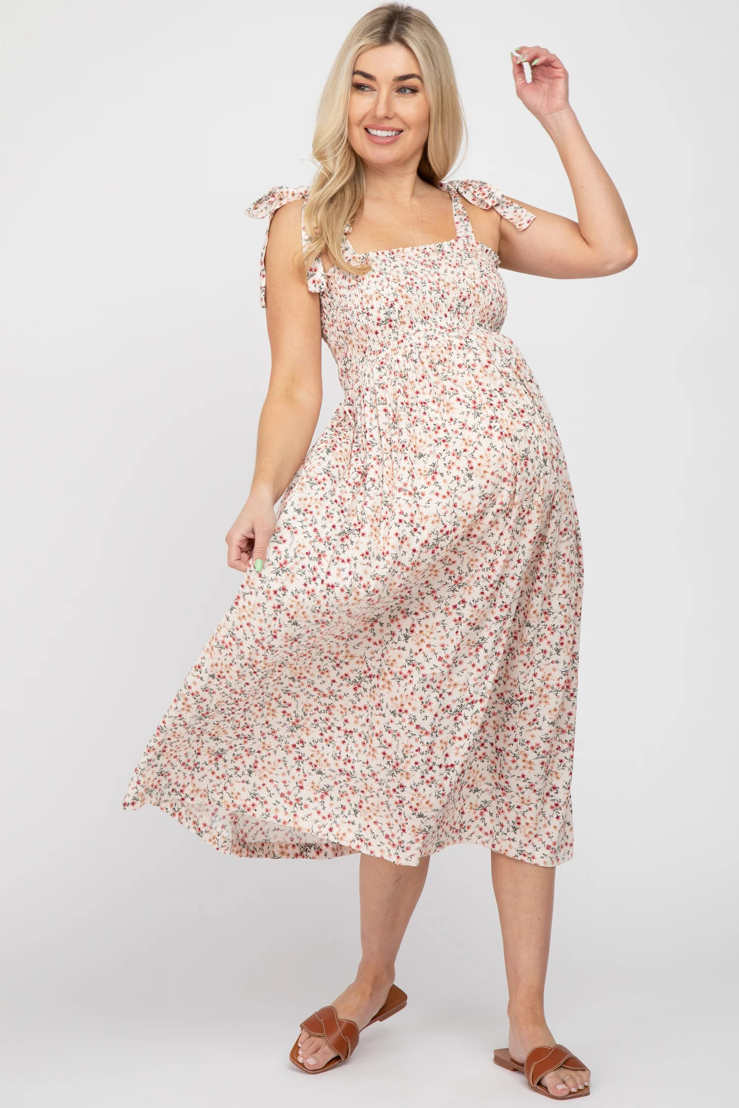 Cream Floral Smocked Tie Strap Maternity Midi Dress | PinkBlush Maternity
