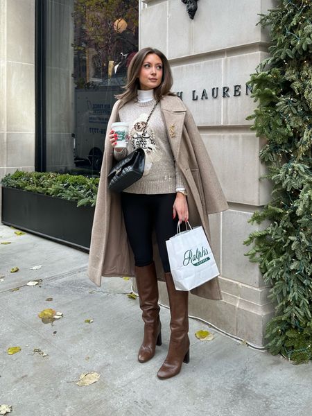 tan wool coat
ralph lauren bear sweater (tts, xs)
white turtleneck
plush fleece lined leggings (tts, xs)
loeffler randall knee high boots (tts)

#LTKshoecrush #LTKstyletip #LTKtravel