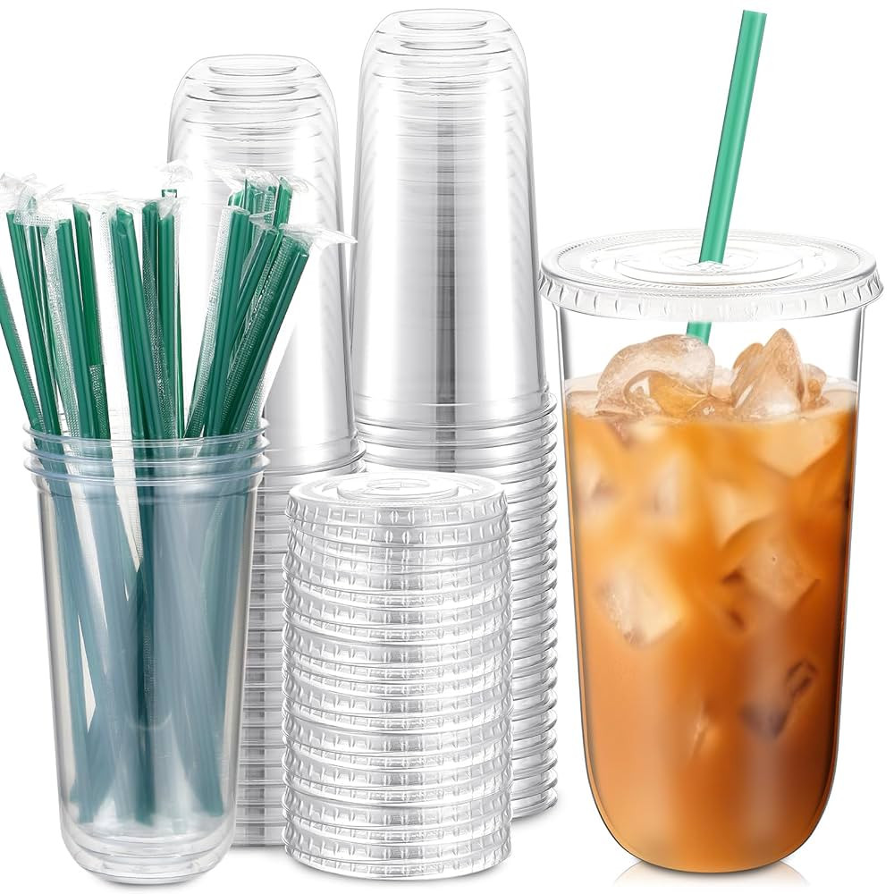 Baderke 25 Set Plastic Cups with Lids and Straws, Disposable Plastic Iced Coffee Cup for Cold Bev... | Amazon (US)