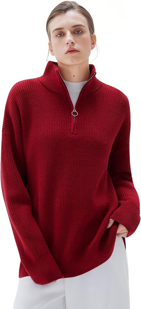 SUUKSESS Women Cashmere Oversized Quarter Zip Pullover Sweater Long Sleeve Collared Ribbed Knit J... | Amazon (US)