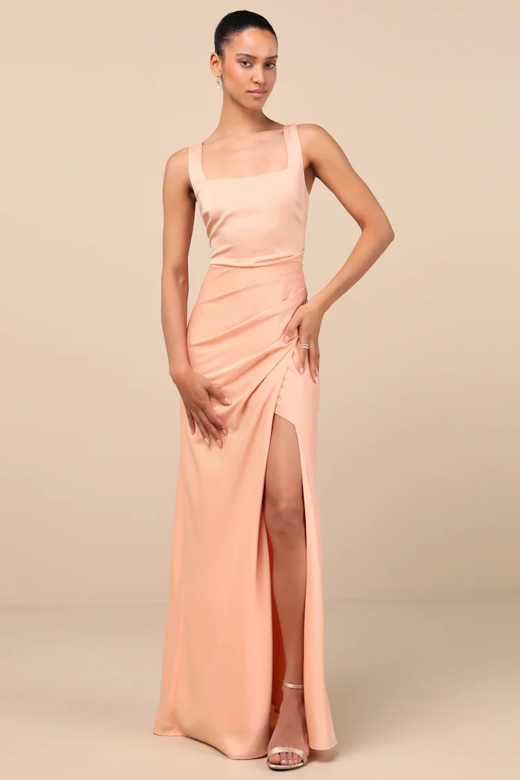 Red Carpet Romance Peach Satin Square Neck Maxi Dress | Lulus