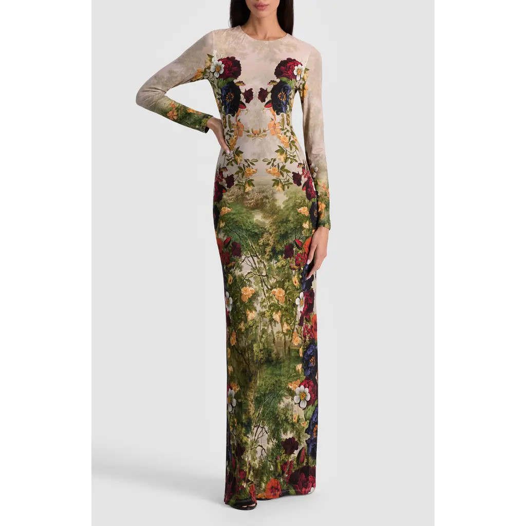 Alice + Olivia Delora Floral Long Sleeve Maxi Dress in Forbidden Forest at Nordstrom, Size 4 | Nordstrom