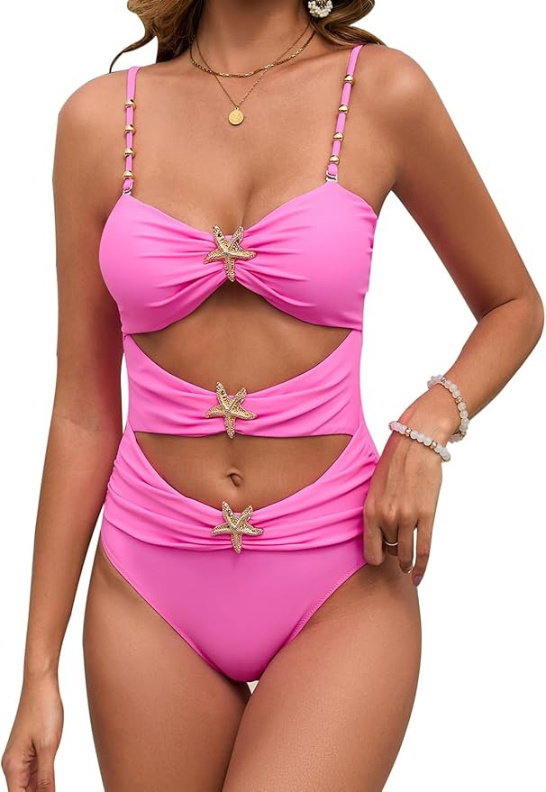 Women One Piece Swimsuit Bandeau Color Block Bathing Suit Cut Out Padded Swimwear | Amazon (US)