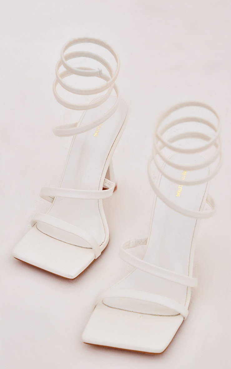 White PU Square Toe Spiral Strap High Heeled Sandals | PrettyLittleThing US