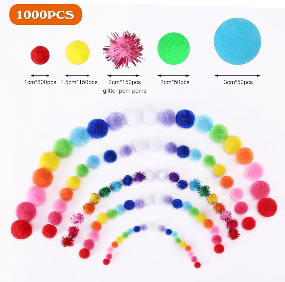 HEHALI 1000pcs Multicolor Pom Pom Balls, Assorted Sizes & Colors Pompoms for Arts and Craft Makin... | Amazon (US)