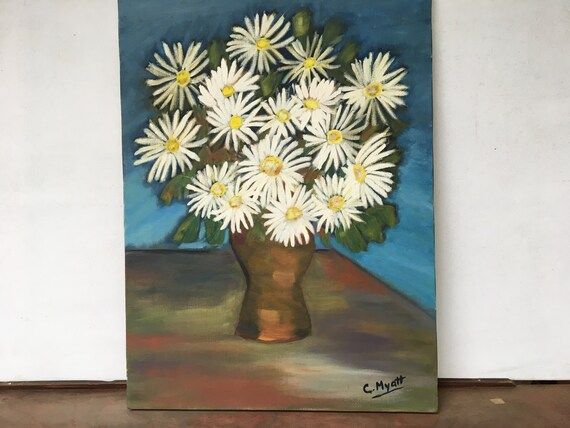 Vintage Daisy Bouquet Oil Painting By C. Myatt, 18"x24" Original Oil Painting Of Flowers, Vase Of... | Etsy (US)