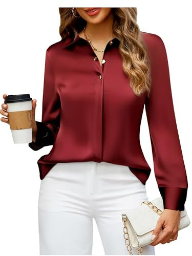 Damipow Gold Button Satin Silk Button Down Shirts for Women Casual Button Down Long Sleeve Blouses,Burgundy,2XL | Amazon (US)