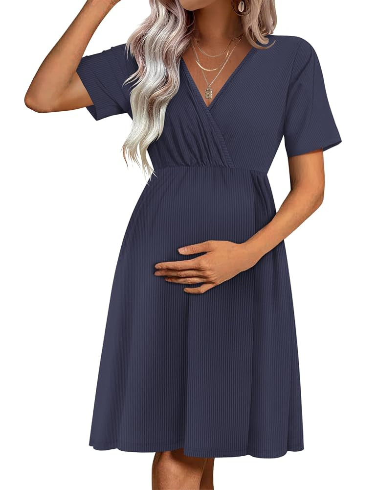 Ekouaer Maternity Nursing Dress V Neck Short Sleeve Breastfeeding Dresses Ribbed Knit Pregnancy C... | Amazon (US)