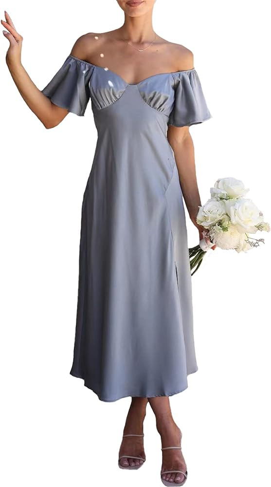 2023 Summer Women's Satin Off Shoulder Formal Dress Wedding Guest Elegant Butterfly Sleeve Split ... | Amazon (US)