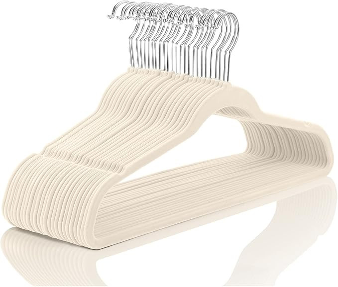 MIZGI Premium Velvet Hangers (50 Pack) - Heavy Duty, Non Slip Felt - Ivory, Chrome Hooks, Space S... | Amazon (US)