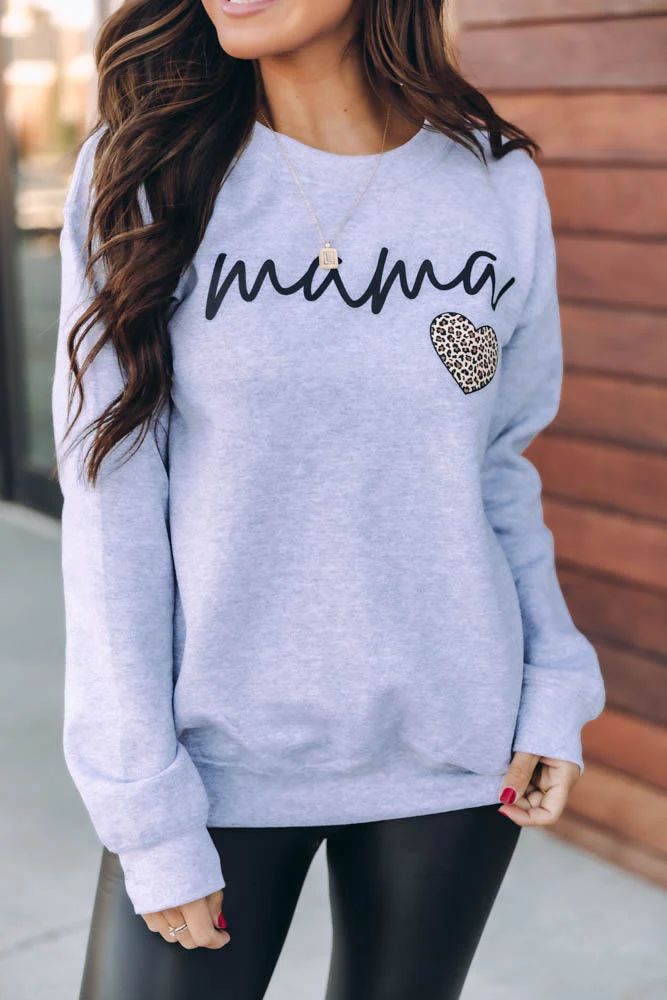 Mama Script Brown Animal Print Grey Graphic Sweatshirt | Pink Lily
