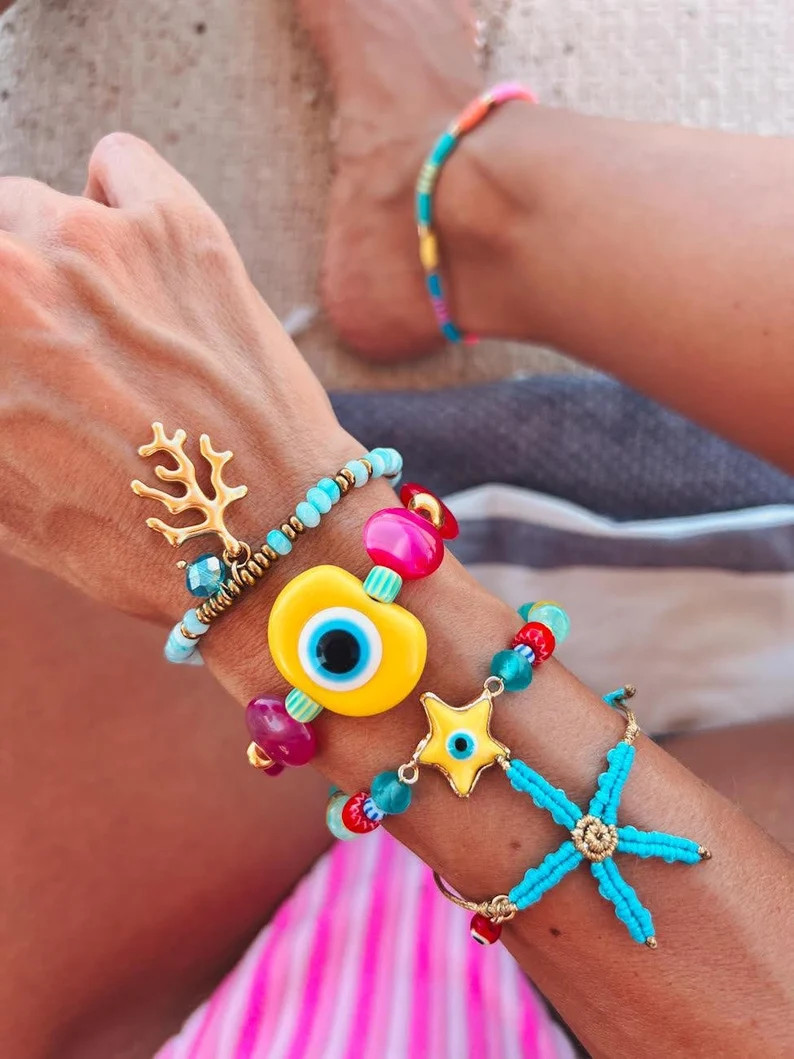 Summer Bracelets Combination ,evil Eye Shell Bracelet,protection Eye ,good Vibes,semiprecious,sta... | Etsy (US)