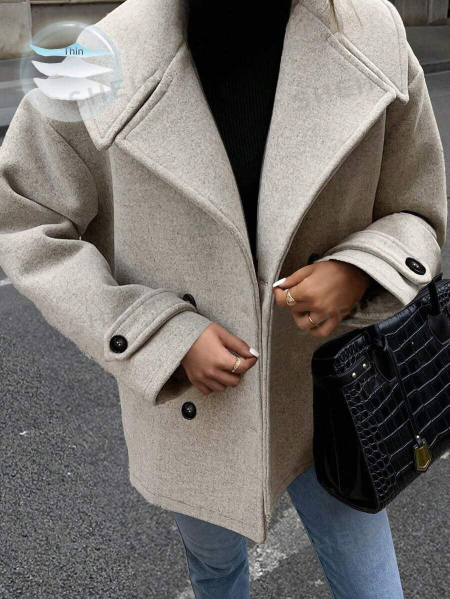 SHEIN LUNE Women's Double-Breasted Notched Collar Casual Woolen Coat | SHEIN