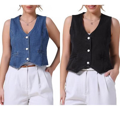 INSPIRE CHIC Women's Sleeveless V Neck Button Down Jean Crop Denim Tank Tops 2 Packs Blue/Black Medium | Target