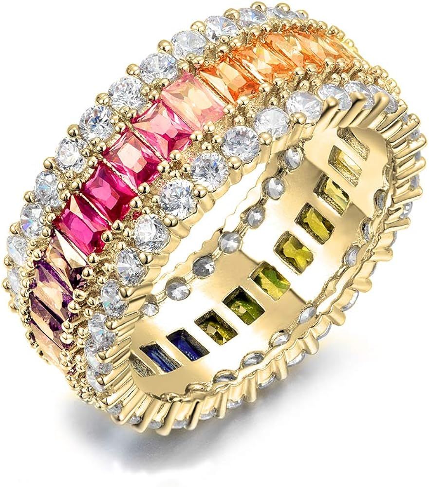 NYC Sterling Women's .925 Gold Plated Silver Rainbow Luxury Cubic Zirconia Eternity Ring | Amazon (US)