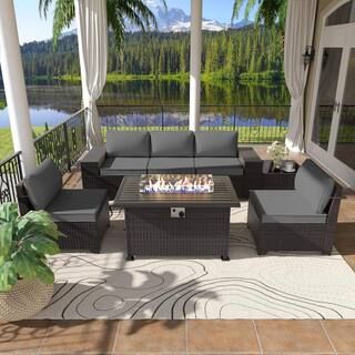 Halmuz 7-Piece Wicker Patio Conversation Set with 55000 BTU Gas Fire Pit Table and Glass Coffee T... | The Home Depot