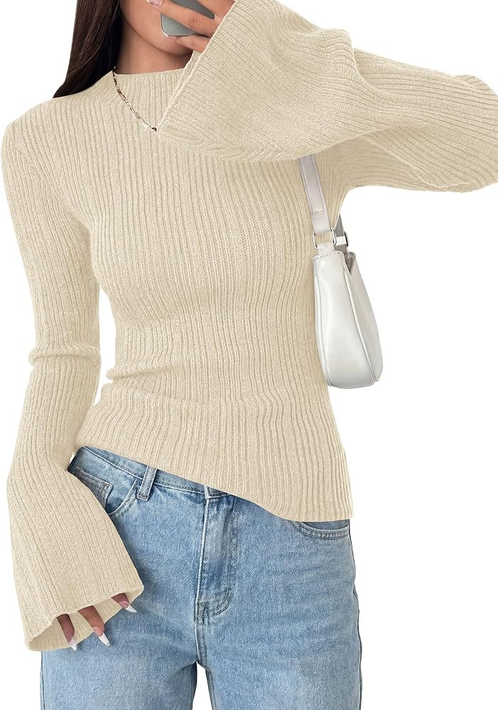 PRETTYGARDEN Womens Bell Long Sleeve Tops Mock Neck Sweaters | Amazon (US)