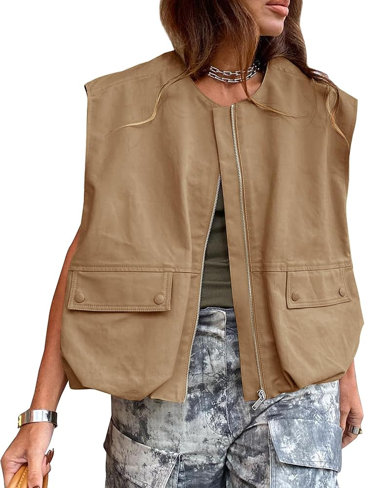 Cargoweste für Damen, übergroße Größe, lässig, ärmellos, lockere Passform, durchgehender R... | Amazon (DE)