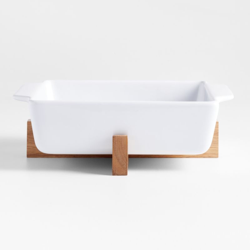 Square White Ceramic Oven-to-Table Baking Dish with Wood Trivet | Crate & Barrel | Crate & Barrel