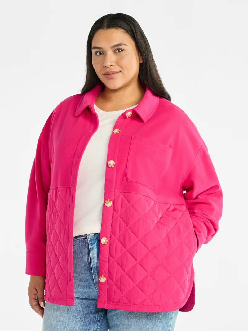 Terra & Sky Women's Plus Size Quilt Mix Button Front Shacket with Long Sleeves, Sizes 1X-5X | Walmart (US)