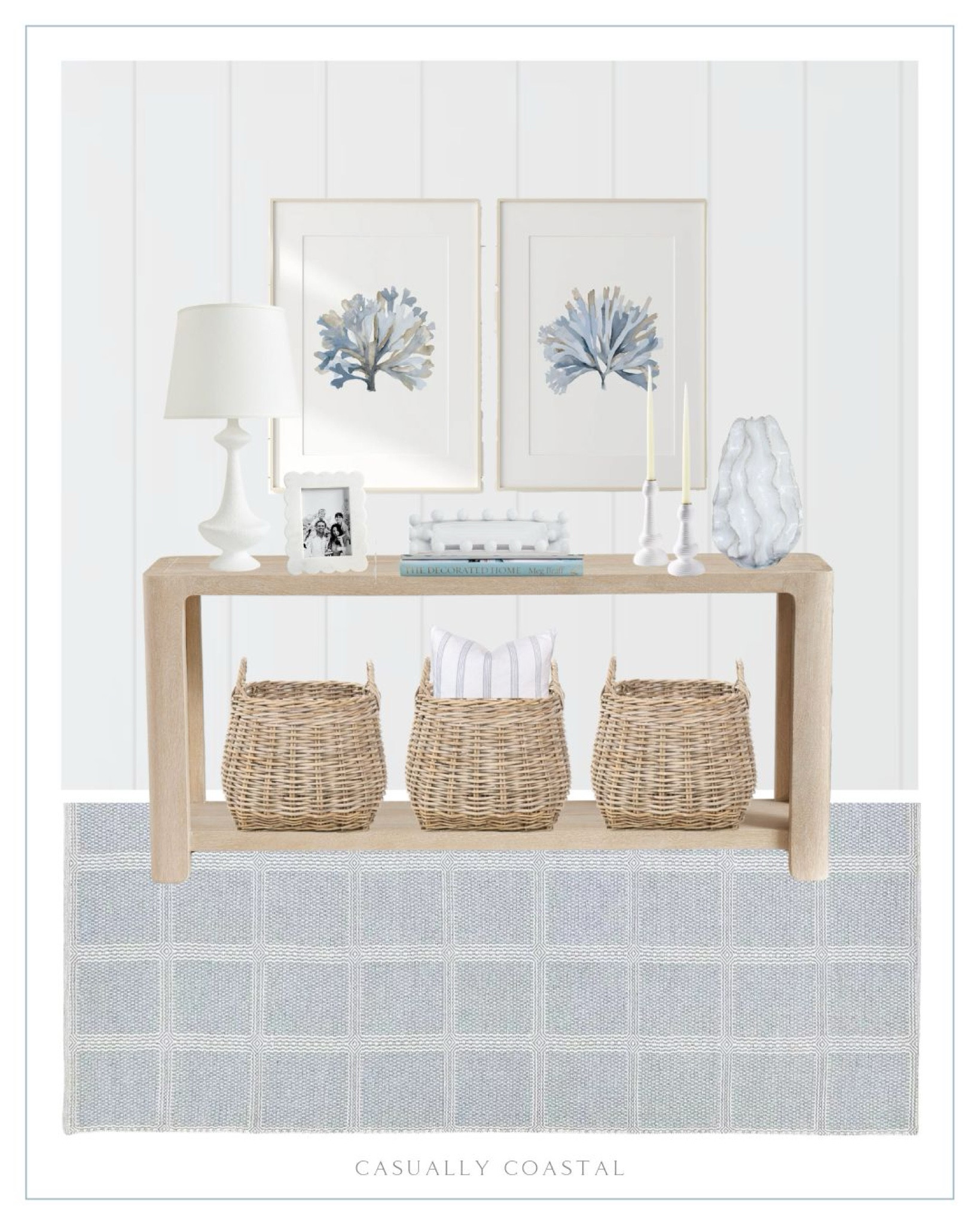 Entryway inspiration for your coastal home! Several pieces are currently on sale including the rug and the pretty lamp! 😍
----- 
Coastal home decor, coastal home inspiration, entry way inspo, neutral home decor, coastal style, coastal entryway, beach house decor, beach home style, coastal rug, coastal console table, light wood console table, entryway table, coastal sideboard, coastal artwork, coastal wall art, coastal interiors, coastal lamp, white lamps, console table decor, blue and white rug, blue runner, Serena & Lily rug, entryway rug, Pottery Barn console table, light wood console table, beach house decor, beach house furniture, coastal basket, white table lamp, console table styling, ceramic ruffle vase, blue seaweed art, coral artwork, coastal wall decor, Nantucket stripe pillow cover, Etsy pillows, coastal pillows, Mud Pie nested everything tray, entryway decor, coastal tray, rattan taper holder, kittery rug, coastal blue rug, scalloped marble frame, white frame, amazon picture frames, Surf Shack book, Amazon coffee table books, candle holders, neutral home decor

#LTKHome #LTKFindsUnder100 #LTKSaleAlert