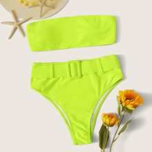 Neon Lime Belted Bandeau High Waisted Bikini Swimsuit | SHEIN