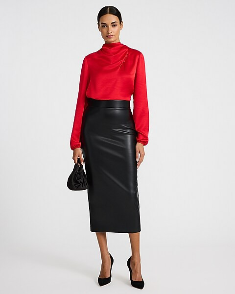 Satin Button Mock Neck Long Sleeve Top | Express