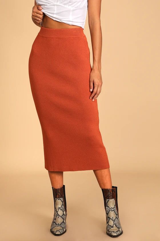 Seasonal Fave Rust Orange Ribbed Knit Midi Sweater Skirt | Lulus (US)