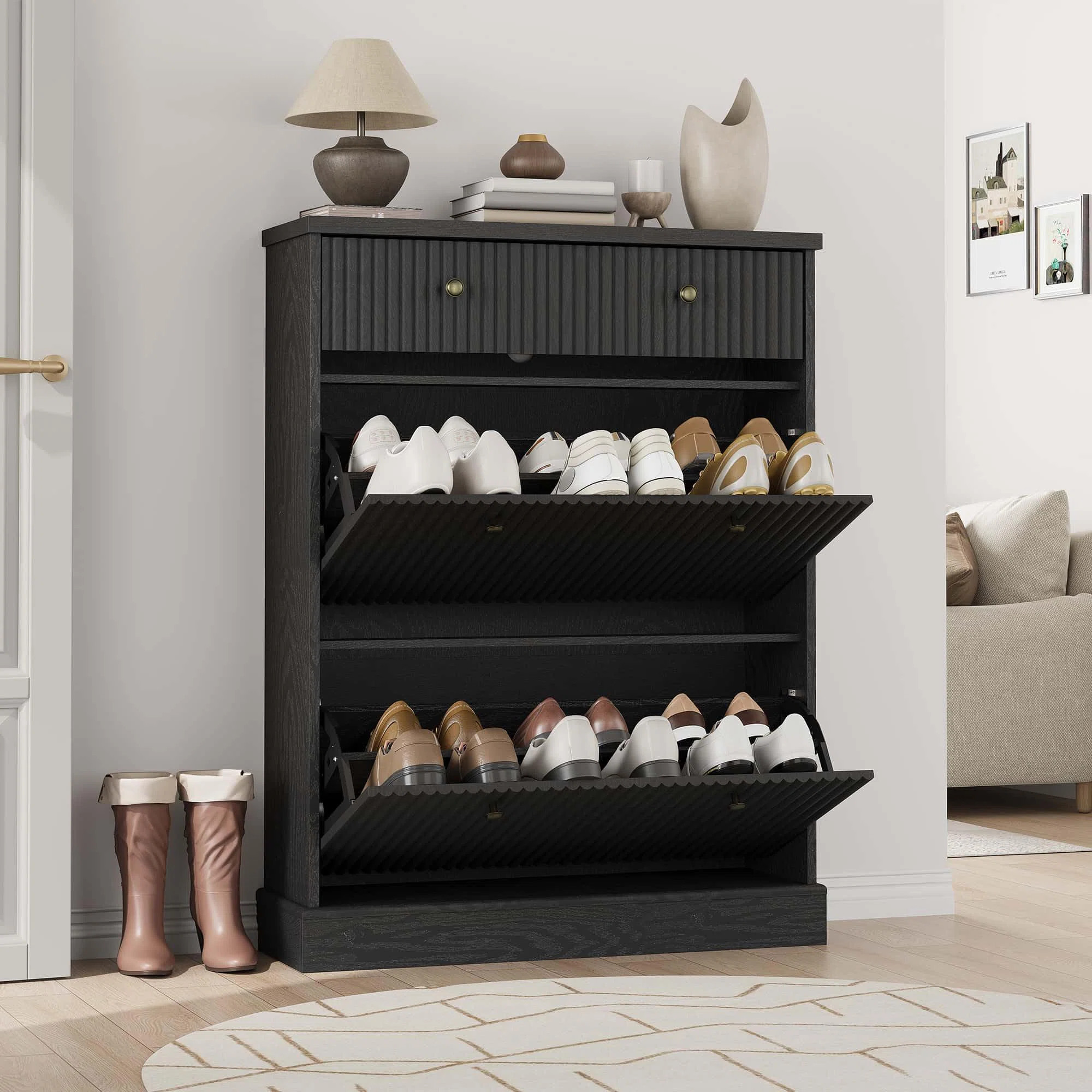 Fluted Shoe Cabinet with 2 Flip Drawers and 1 Drawer, Slim Entryway Shoe Storage Organizer with A... | Wayfair North America