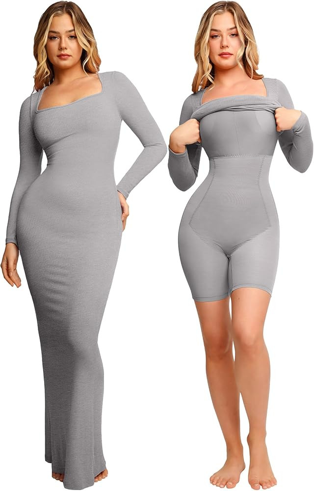 Popilush Shaper Dress Bodycon Maxi/Mini Built in Shapewear Bra 8 in 1 Women Lounge Long Sleeve Dr... | Amazon (US)