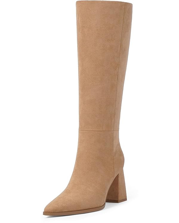 Knee High Boots for Women Chunky Heel Pointed Toe Fall High Heel Side Zipper Long Boots Dressy | Amazon (US)