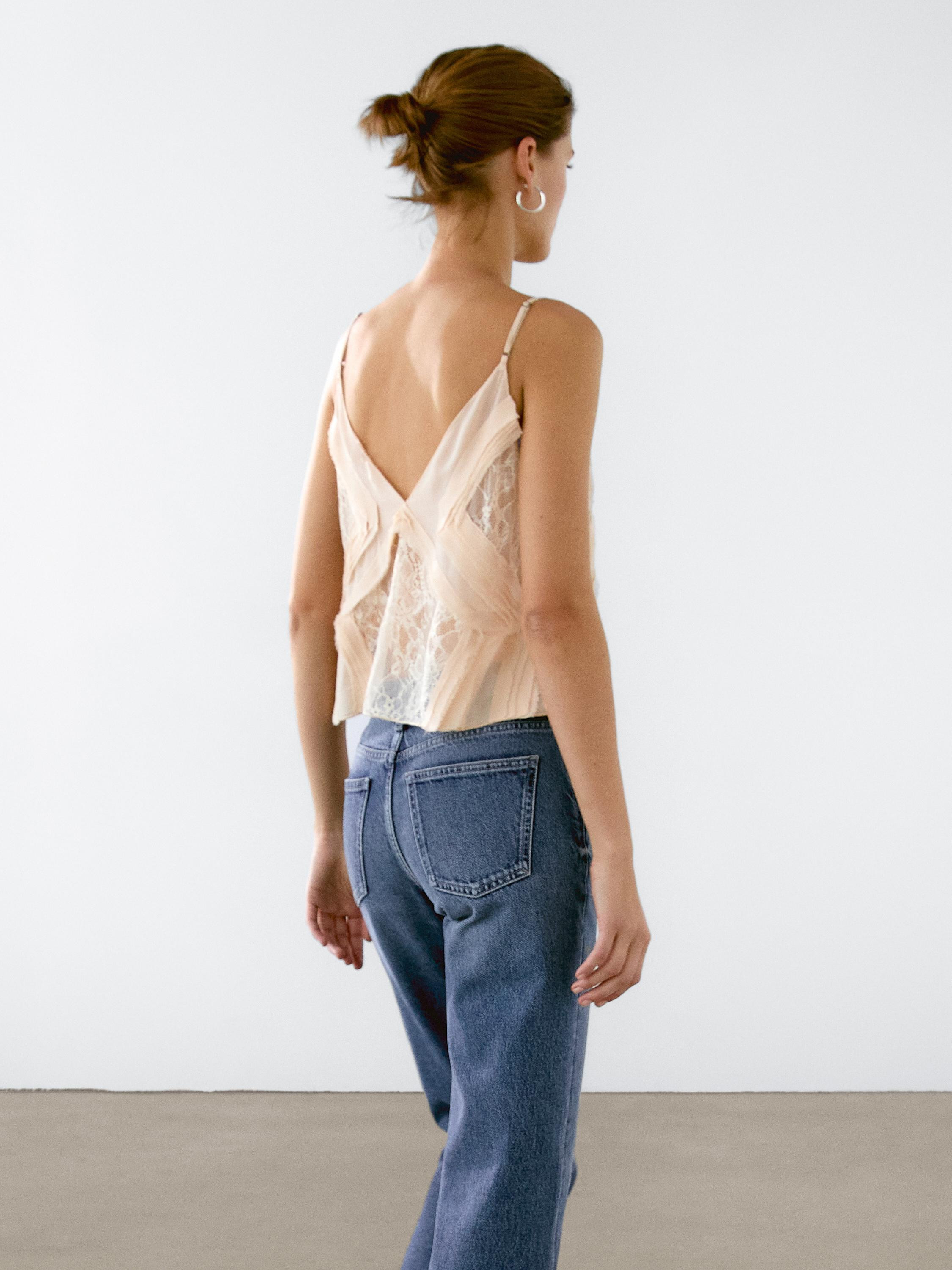 Lingerie top with V-neckline and thin straps. V-neck back. Adjustable straps. Frayed seam detail.... | Massimo Dutti UK