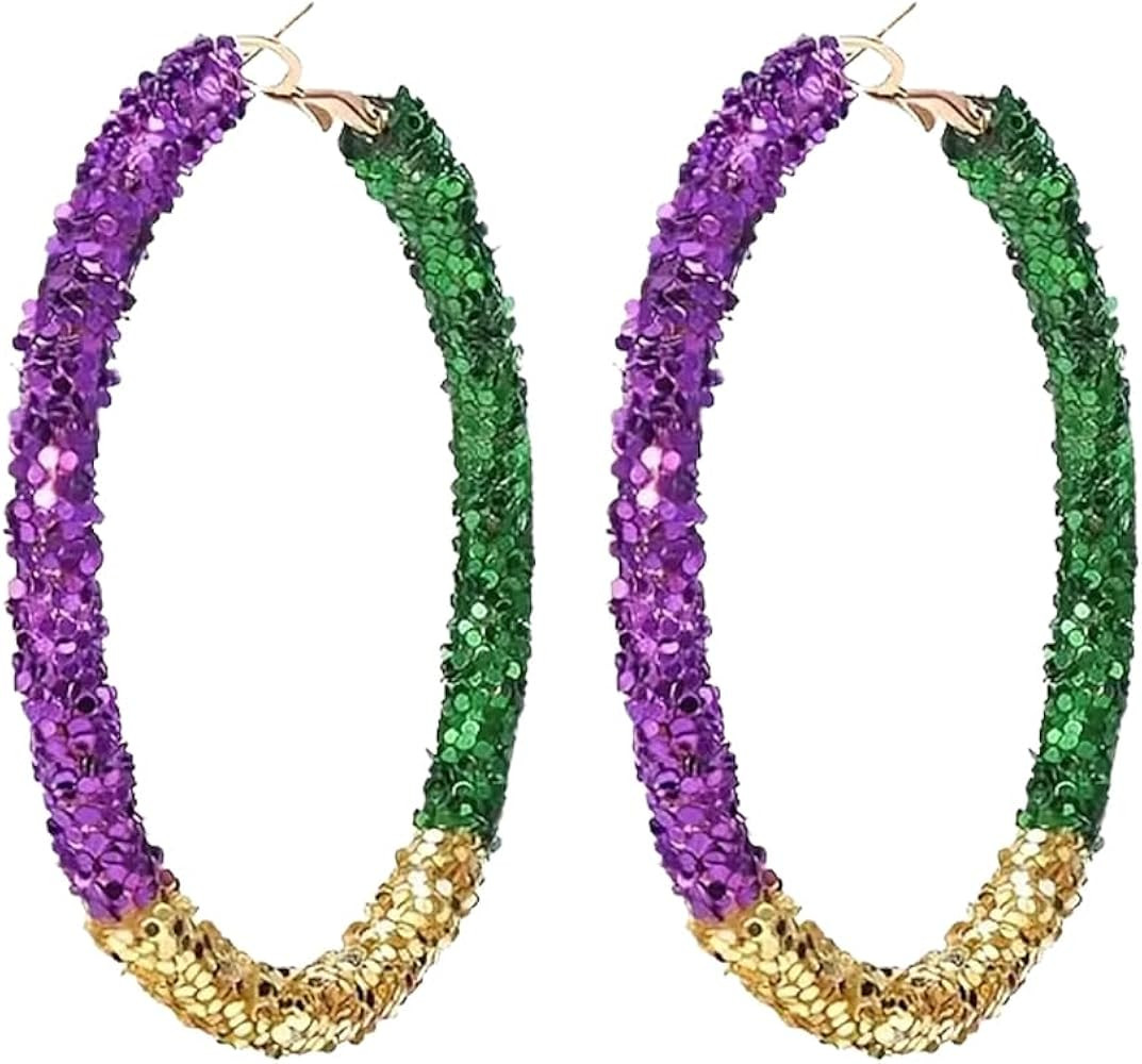 Mardi Gras Earrings,Carnival Shining Hoop Earring,Mardi Gras Hoop Earrings,Patriotic Independence... | Amazon (US)