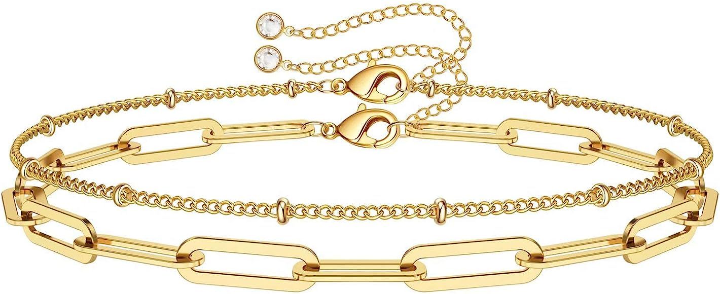 Dainty Gold Bracelets for Women, 14K Gold Filled Adjustable Layered Bracelet Cute Evil Eye Oval C... | Amazon (US)