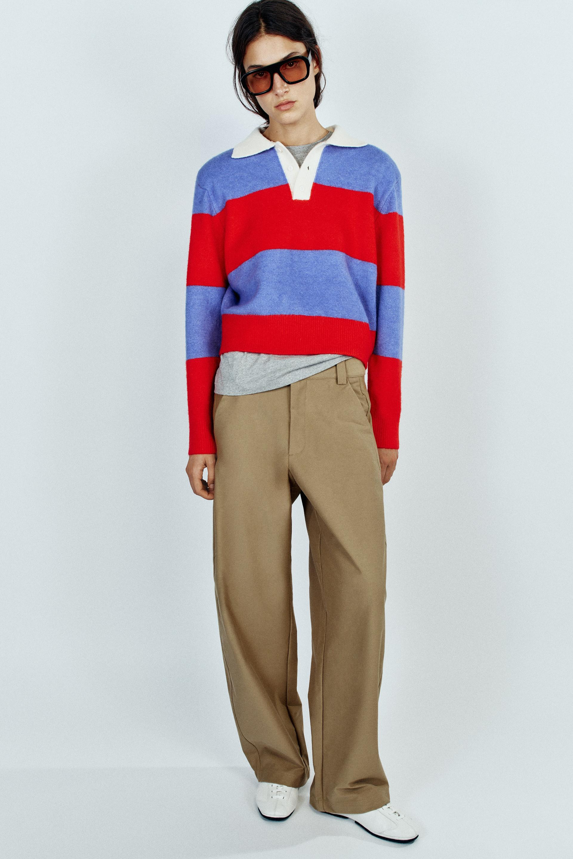 Zara - Striped Knit Polo With Shoulder Pads - White / Red - L - Woman | Zara US