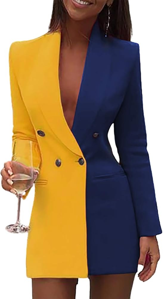 CHICME Women Fashion Colorblock Sequins Long Sleeve Double Breasted Bodycon Blazer Dress | Amazon (US)