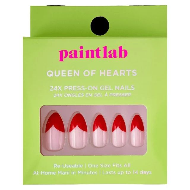 PaintLab Queen of Hearts Reusable Press-On Gel Fake Nails Kit, Almond Shape, Red Tip, 24 Count | Walmart (US)