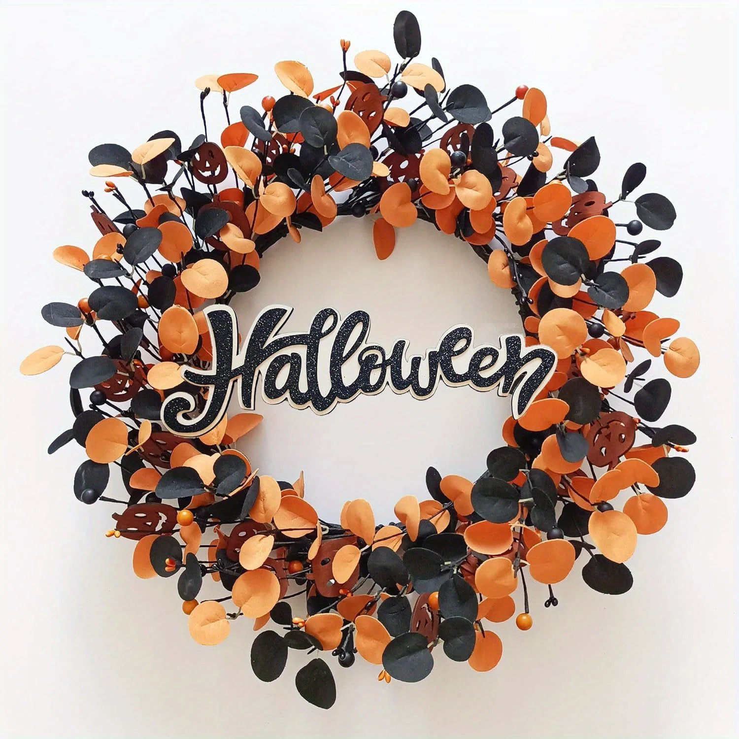 22-Inch Halloween Pumpkin Wreath – Fall Front Door Decoration with Wood Pumpkins, Glitter Accen... | Wayfair North America