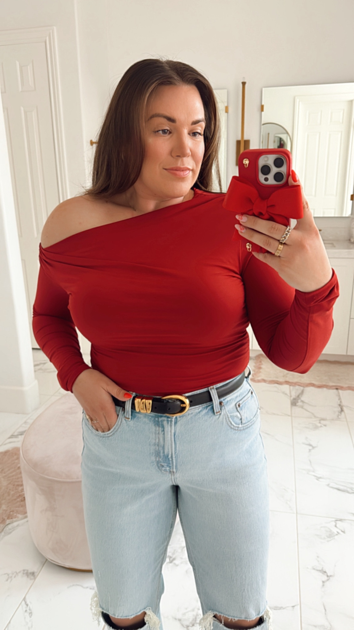 curvy casual Holiday look! wearing size large in red off the shoulder top and size 31 curve in light wash 90s denim 

#LTKFindsUnder100 #LTKHoliday #LTKMidsize