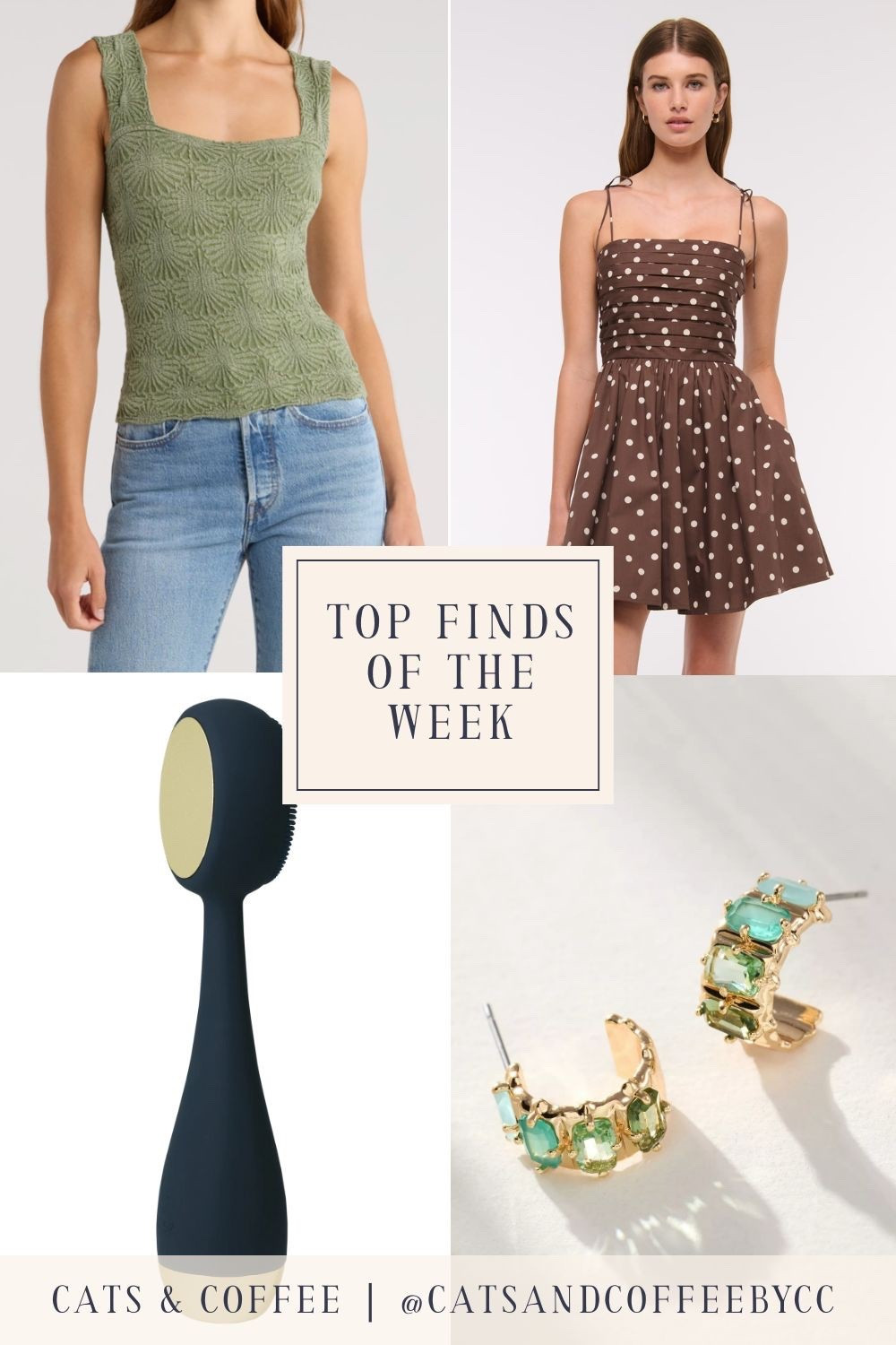  🎉💚 Four Top Finds of the Week: a handy new facial cleansing brush from PMD Beauty that I've been loving, a pretty sage Free People tank to wear all season long, pretty hoop earrings from Anthropologie to make everyday a little more sparkly, and a pocketed polka dot mini dress from Abercrombie for summer days out!

#LTKBeauty #LTKPetite #LTKSummerEdit