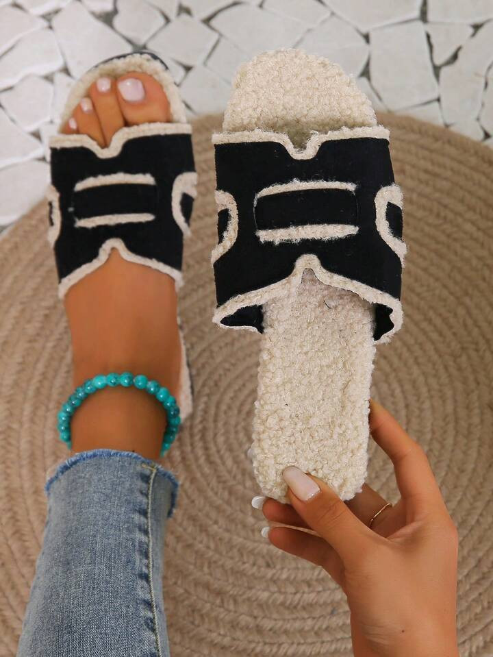 Cross-Border New Large Size Flat Round Toe One Strap Slippers With Trim For Women | SHEIN