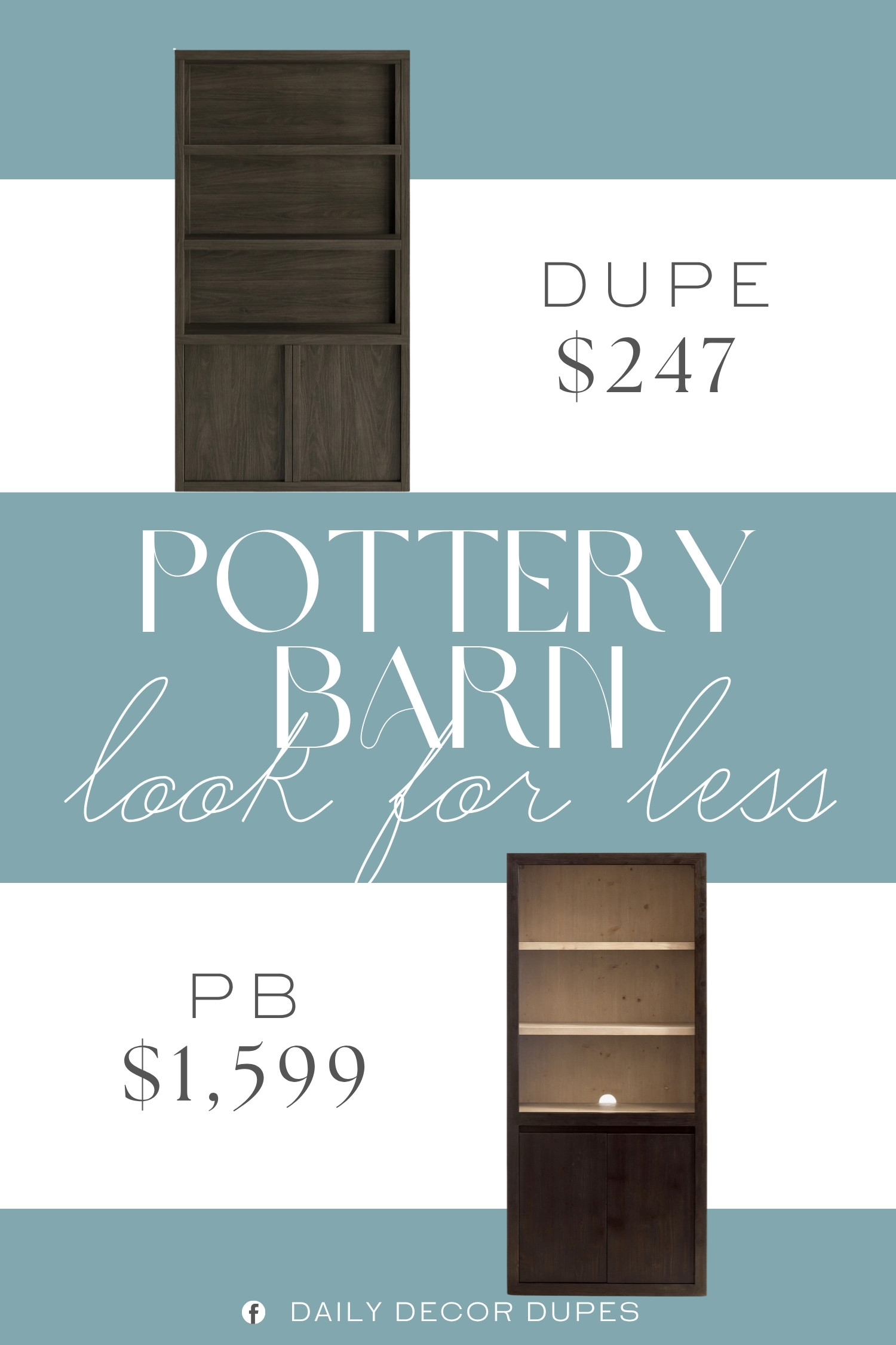 The Pottery Barn Folsom Two-Toned Bookcase with Doors combines open shelving with enclosed cabinet storage, making it easy to display books and decor while keeping everyday essentials tucked away. 🏡📚🤎 Its rich wood finish and contrasting tones bring warmth and depth to a living room, home office, bedroom, or entryway without making the space feel cluttered. ✨🪵🏡 A similar style around $247, compared with the $1,599 designer version shown, offers a more budget-friendly way to bring this elevated built-in look into your home. 🤎💰✨

Home more affordable option find similar look for less budget friendly affordable cheap cheaper beautiful pretty. Clearance sale coupon code discount code promo code luxury Inspo inspiration inspired by idea ideas Love like these? I share multiple every day in my FB group.
#PotteryBarnInspired #FolsomBookcase #BookcaseWithDoors #TwoToneFurniture #WoodBookcase #BookshelfDecor #LivingRoomStorage#WoodFurniture 

 #LTKHome