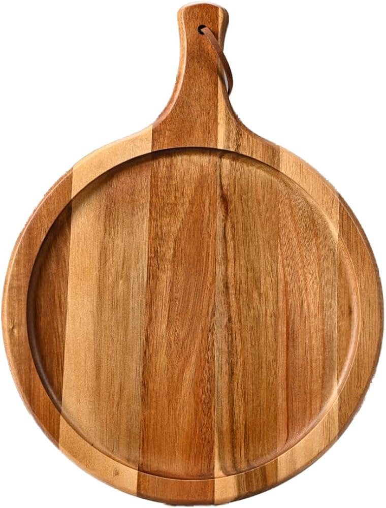 Round Acacia Wood Charcuterie Cheese Board, 17-inch Wooden Cutting Board with Handle, Pizza Bread... | Amazon (US)