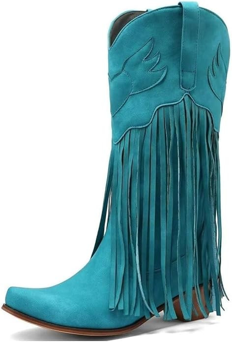 KISSASA Fringe Denim Cowgirl Boots Pointed Toe Mid Claf Cowboy Boots Chunky Stacked Heel Western ... | Amazon (US)