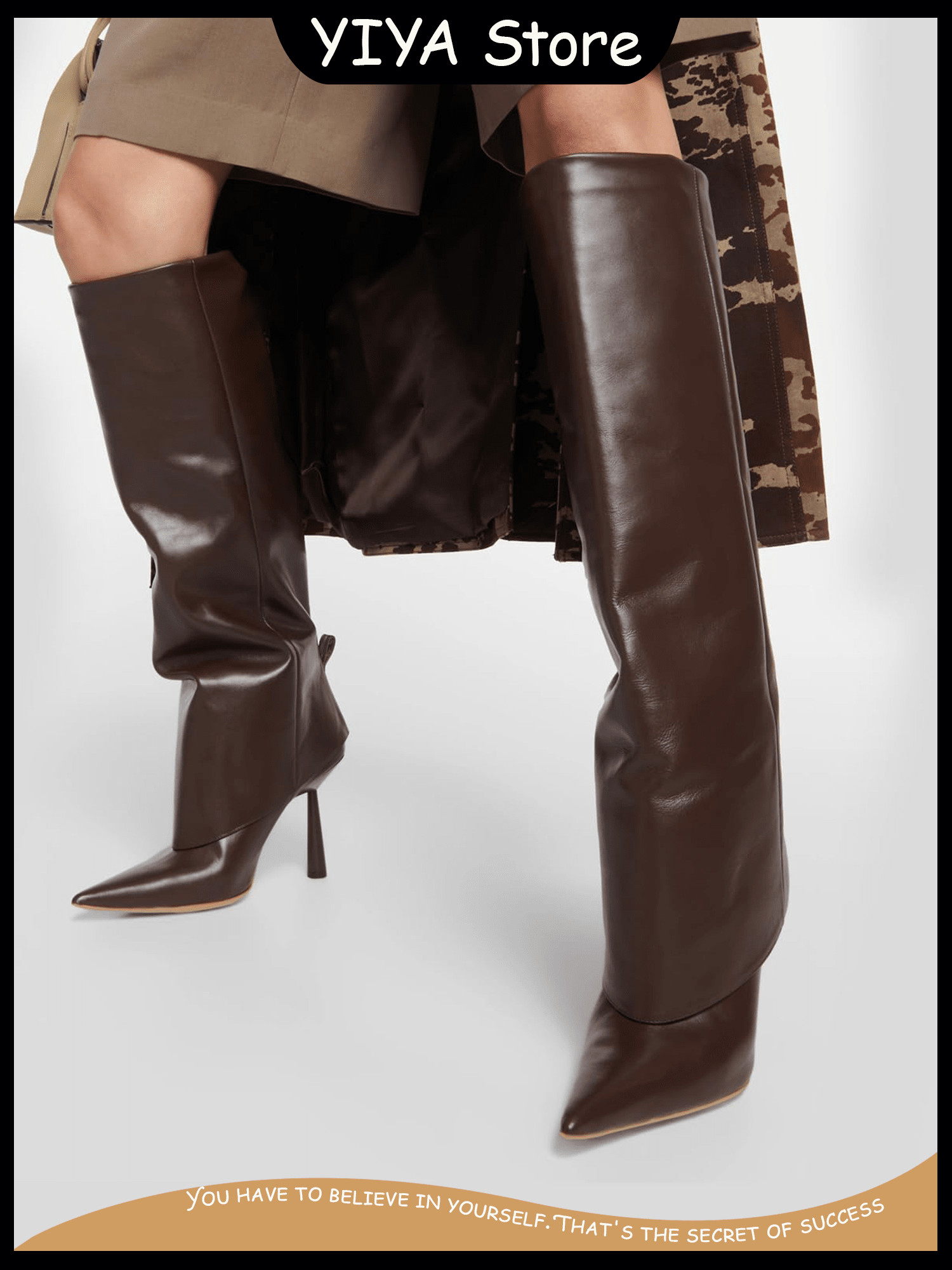 YIYA Fold Over Boots For Women, Pointed Toe Stiletto Heel Knee High Boots Slip On Leather Crocodi... | SHEIN