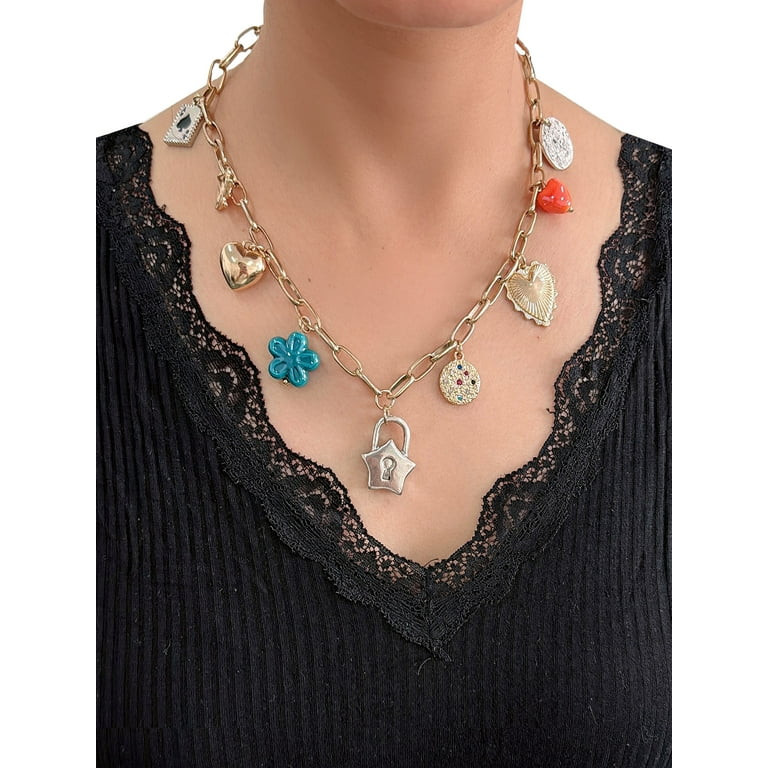 No Boundaries Two Layer Multi Charm Necklace Gold Plated for Female Adults and Teens | Walmart (US)