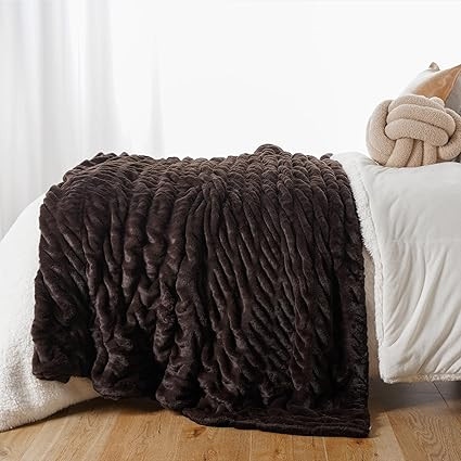 BATTILO HOME Dark Brown Faux Fur Throw Blanket for Bed, Double Side Reversible Ruched Faux Rabbit... | Amazon (US)