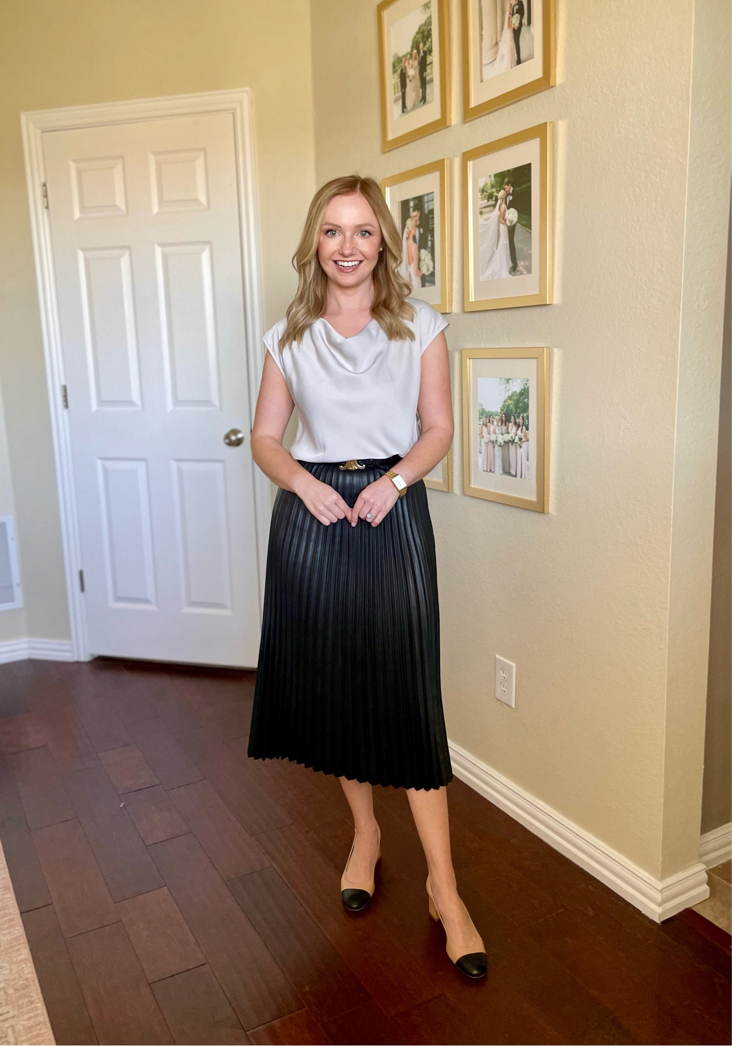 Wearing a 0 in skirt and XS in top | leather skirt, pleated skirt, black skirt, fall workwear, work outfit, office outfit 

#LTKStyleTip #LTKWorkwear #LTKSeasonal