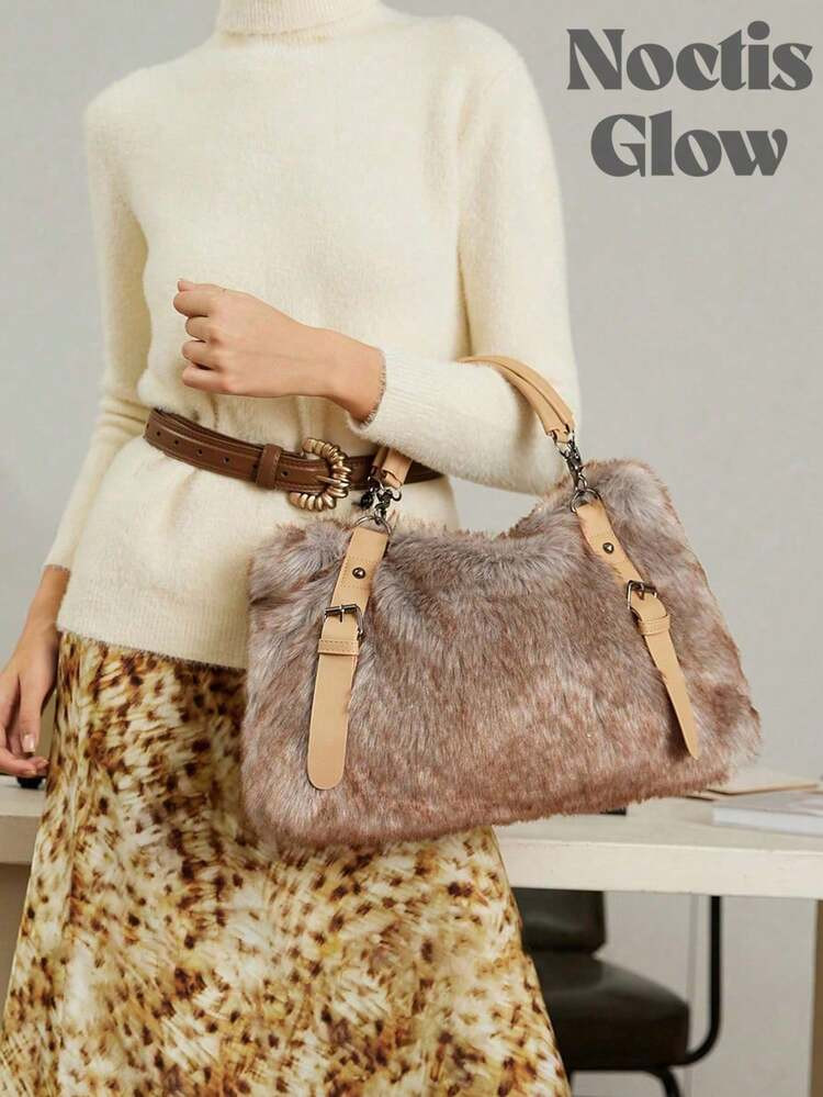 Fur Purse Furry Studded Purse Fluffy Top Handle Handbag Large Fuzzy Retro Crossbody Shoulder Bag With Studs,Women's Shoulder Bag ,Birthday ,Womens Sling Bag Cross Body Purses For Tote For Fur Purse Sling Crossbody All- Fur Earth Tones | SHEIN